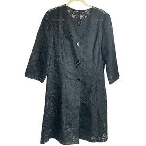 Vintage Leslie Fay Sz 14 Black Lace Coat 3/4 Sleeve Sheer Button-Down